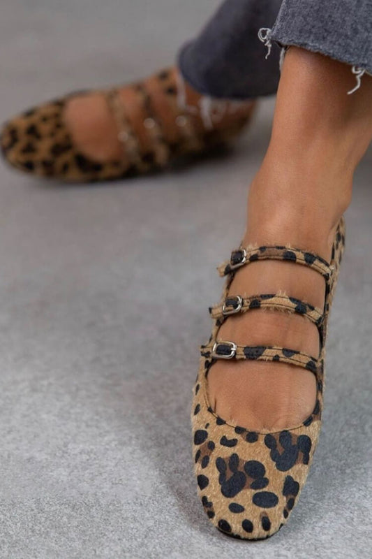 Leopard Print Triple Buckle Mary Jane Flats