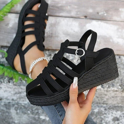 Hollow Out Crochet Strappy Buckle Pendant Roman Style Wedge Sandals