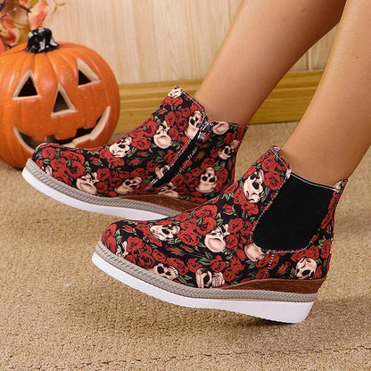 Halloween Roses Skull Print Round Toe Wedge Heel Ankle Boots