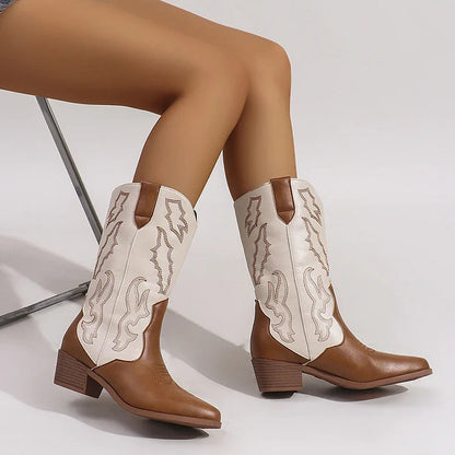 Colorblock Embroidery Pointed Toe Chunky Heel Mid Calf Boots