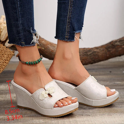 Embroidery Floral Print Platform Muffin Wedge Plain Slippers