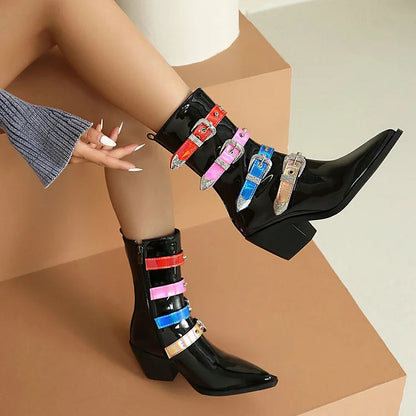 Multicolor Straps Buckles Pointed Toe Chunky Heel Mid Calf Boots