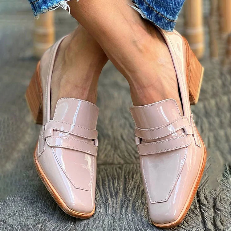 Square Toe Pink Patent Leather Loafers Chunky Heels