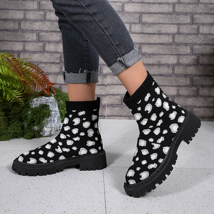 Colorblock Knitted Leopard Pattern Round Toe Chunky Heel Ankle Boots