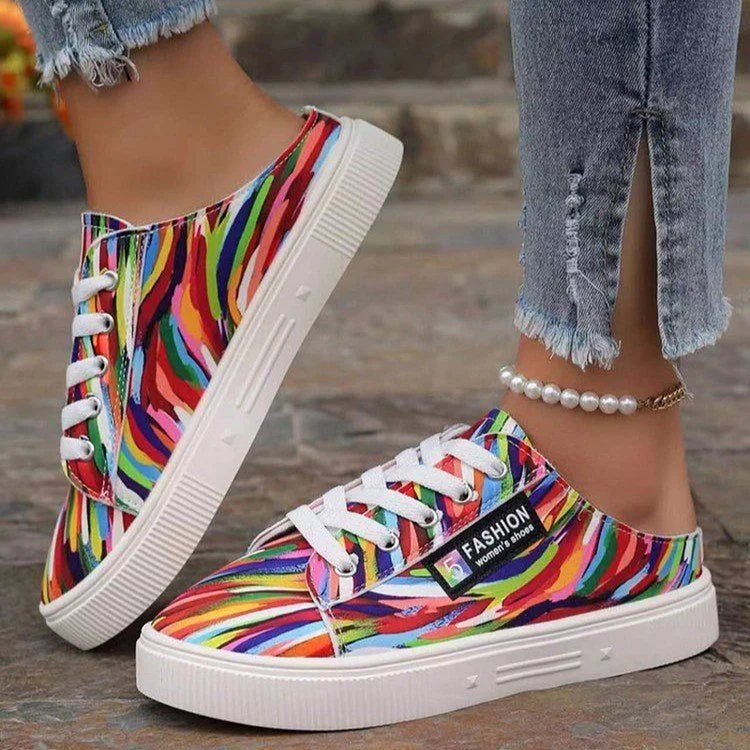 Canvas Multicolor Print Round Toe Slip On Lace Up Sneakers