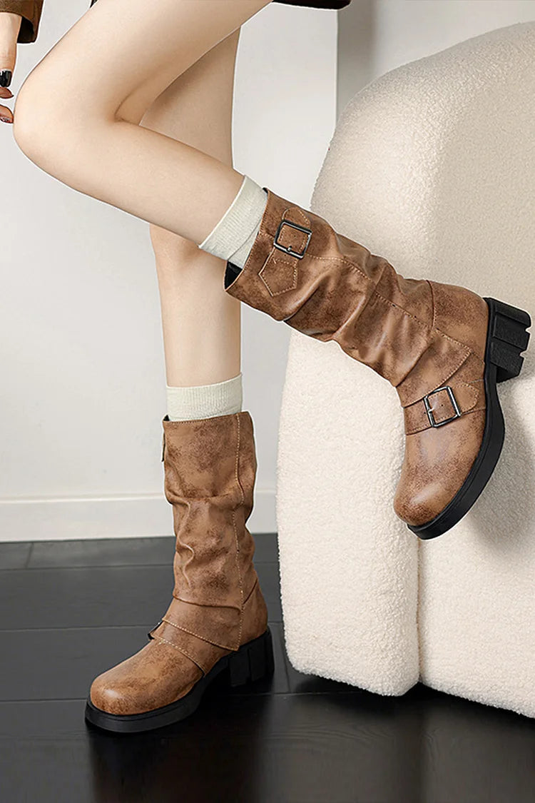 Solid Color Two Straps Buckles Round Toe Chunky Heel Mid Boots