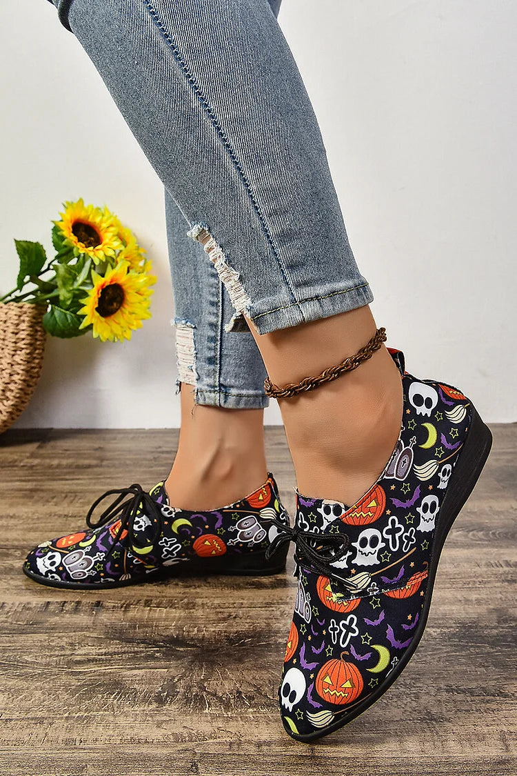 Halloween Ghost Pumpkin Print Round Toe Lace Up Casual Shoes