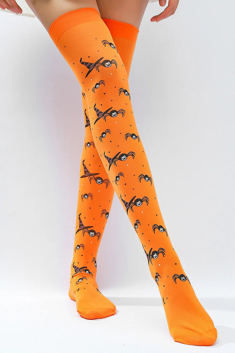 Halloween Colorblock Striped Ghost Pumpkin Print Over The Knee Socks