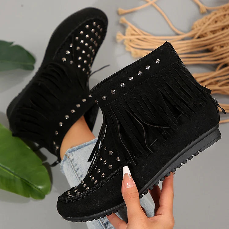 Metal Rivets Round Toe Fringed Trim Zipper Ankle Boots