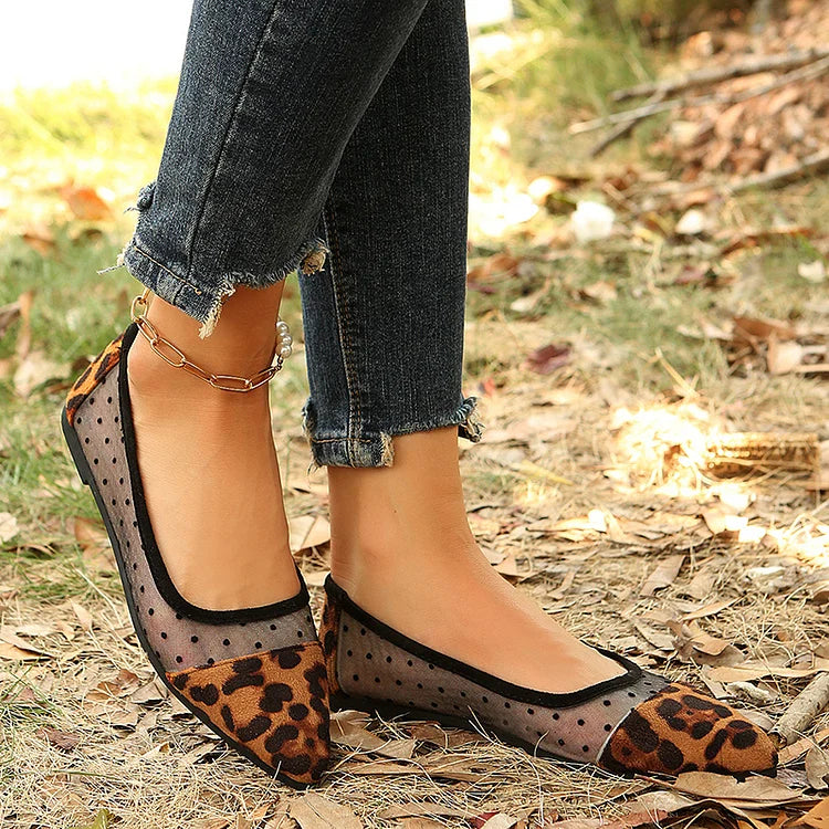 Leopard Print Mesh Patchwork Pointed Toe Slip On Flats