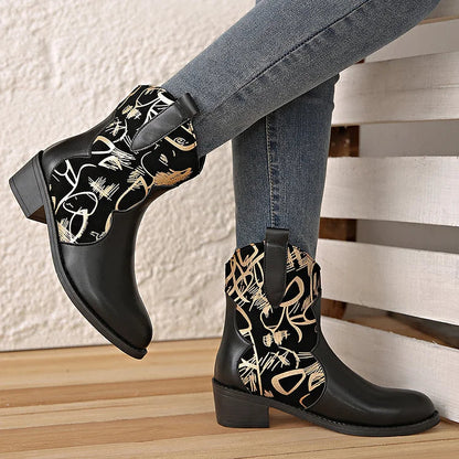 Pattern Print Round Toe Patchwork Chunky Heel Mid Boots