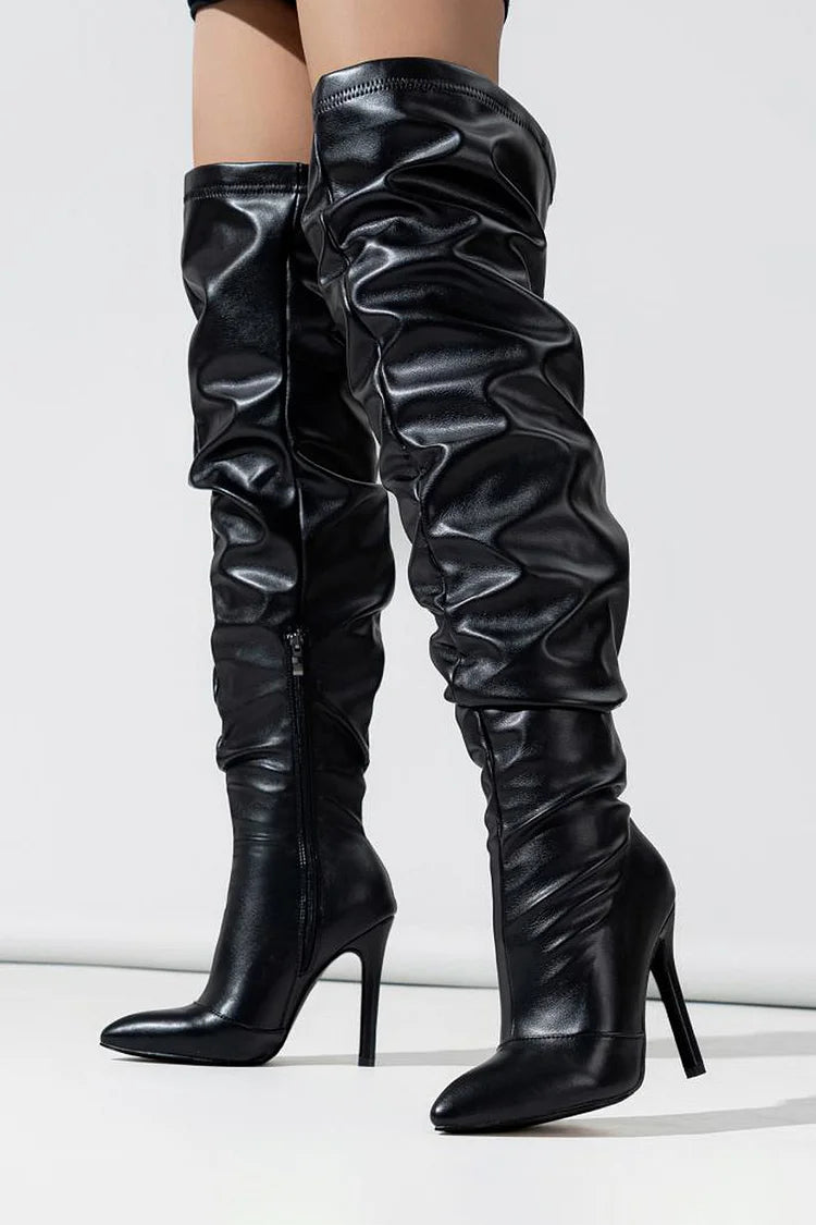 Side Zipper Pointed Toe Stiletto Heel Slouch Over The Knee Boots