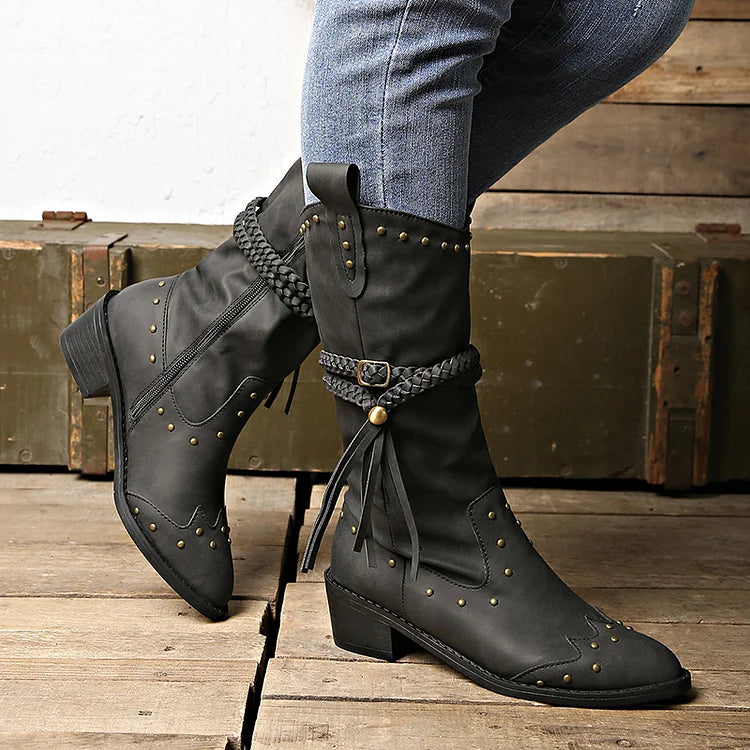 Metallic Studded Braided Strap Decor Pointed Toe Chunky Heel Mid Calf Boots