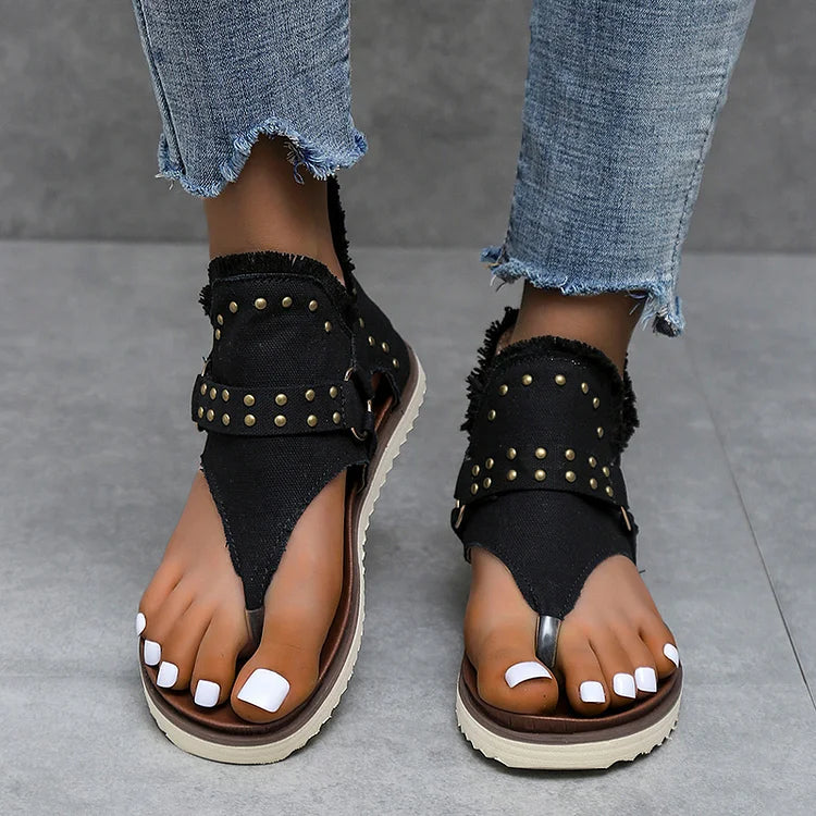 Studded O-Ring Buckle Raw Trim Flip Flops Canvas Sandals