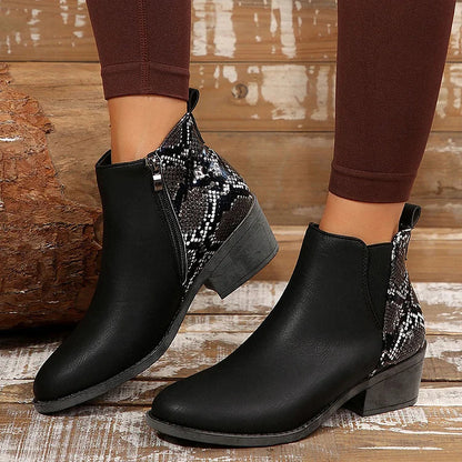 Snake Print Round Toe Patchwork Chunky Heel Zipper Ankle Boots