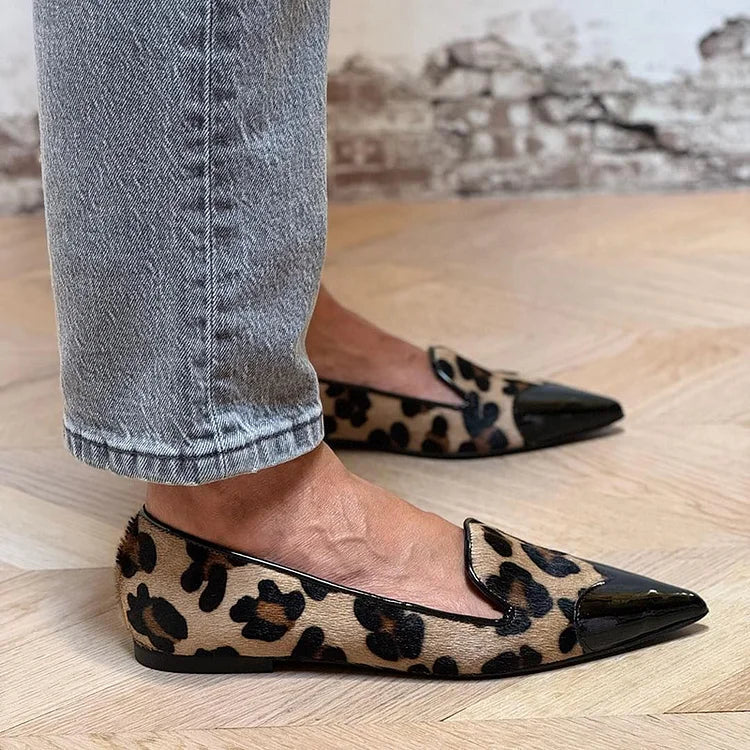 Leopard Print Patchwork Pointed Toe Khaki Flats