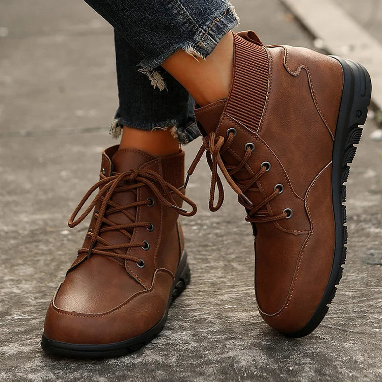 Patchwork Solid Color Round Toe Lace Up Martin Boots