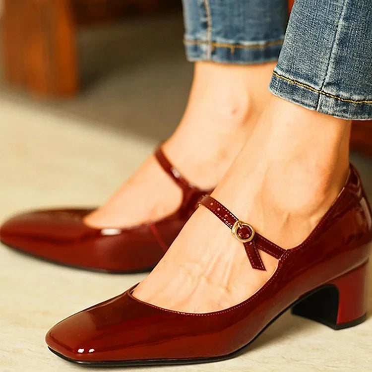 Elegant Instep Strap Buckle Solid Color Square Toe Chunky Heels