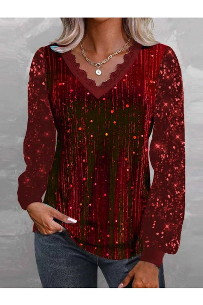 Casual Vintage Sequins V Neck Long Sleeve Loose Blouse