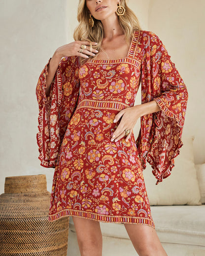 Square neck bell sleeves printed dress