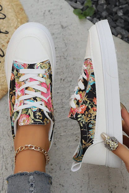 Multicolor Floral Print Patchwork Round Toe Lace Up Sneakers