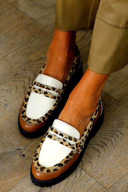 Leopard Print Patchwork Colorblock Brown Loafers [Pre Order]