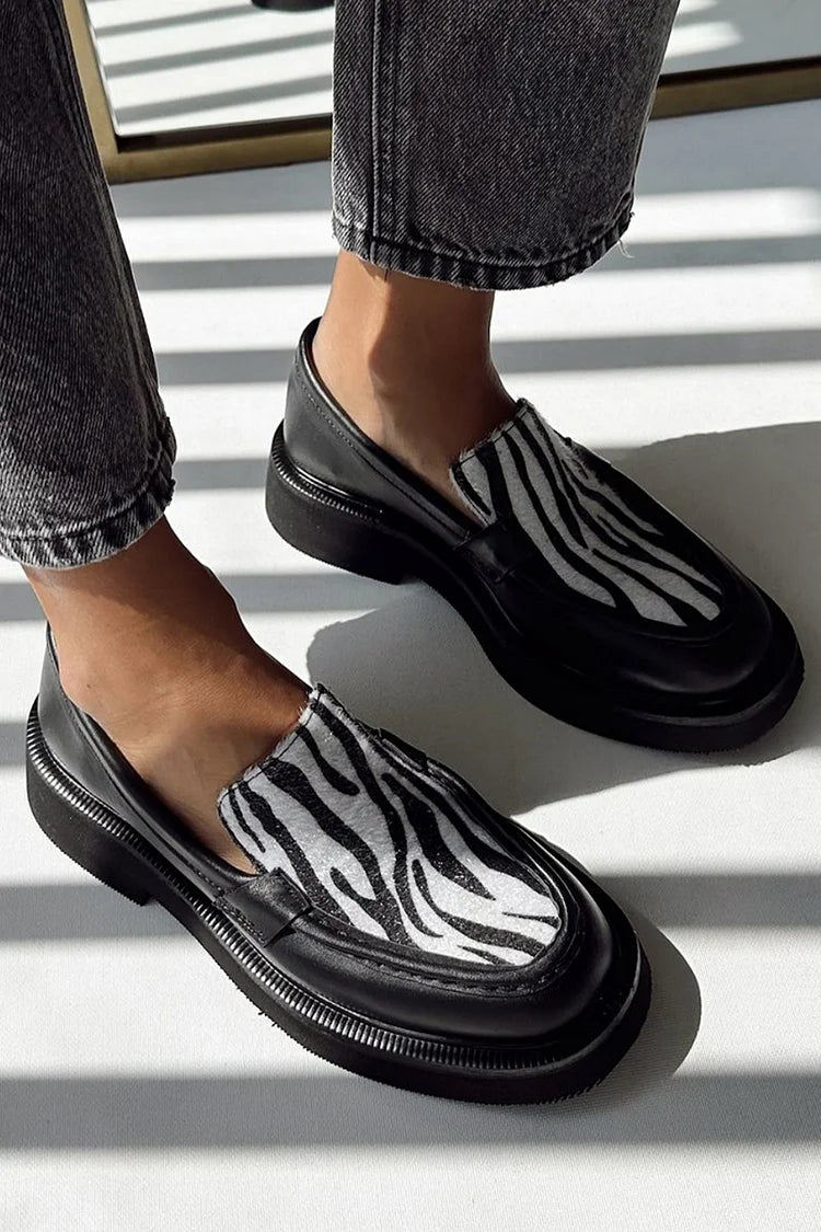 Round Toe Patchwork Zebra Print Black Loafers [Pre Order]