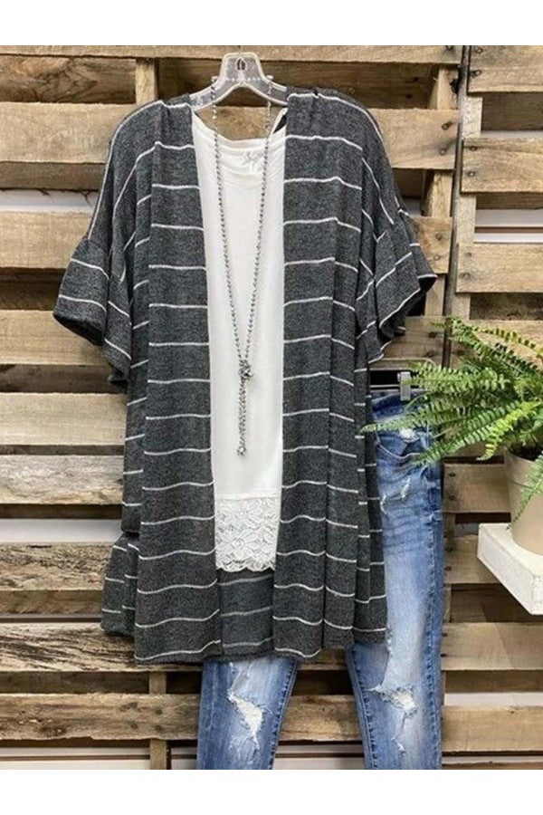 Striped Short Sleeve Loose Cardigan