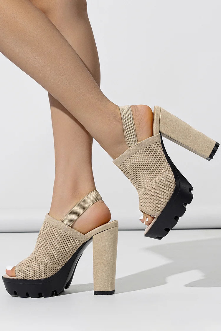 Peep Toe Slingback Solid Color Knitted Chunky Heels