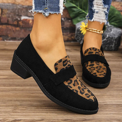 Patchwork Leopard Print Pointed Toe Chunky Heel Loafers