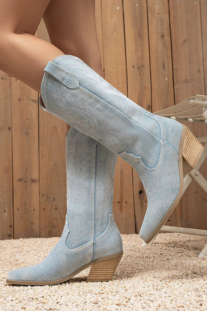 Embroidery Patchwork Pointed Toe Chunky Heel Denim Mid Calf Boots