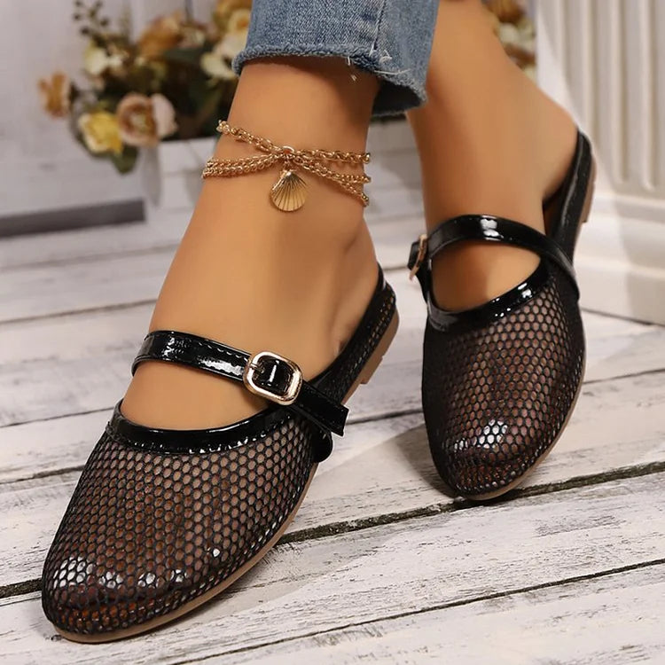 Hollow Out Mesh Instep Strap Plain Casual Round Toe Flats