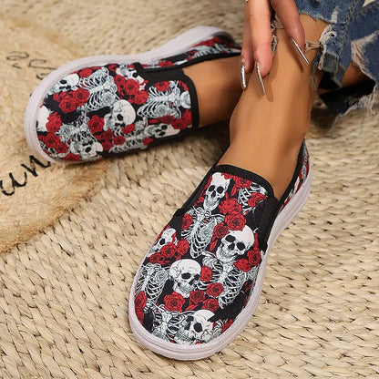 Halloween Skull Rose Peacock Feather Graffiti Print Slip On Round Toe Loafers