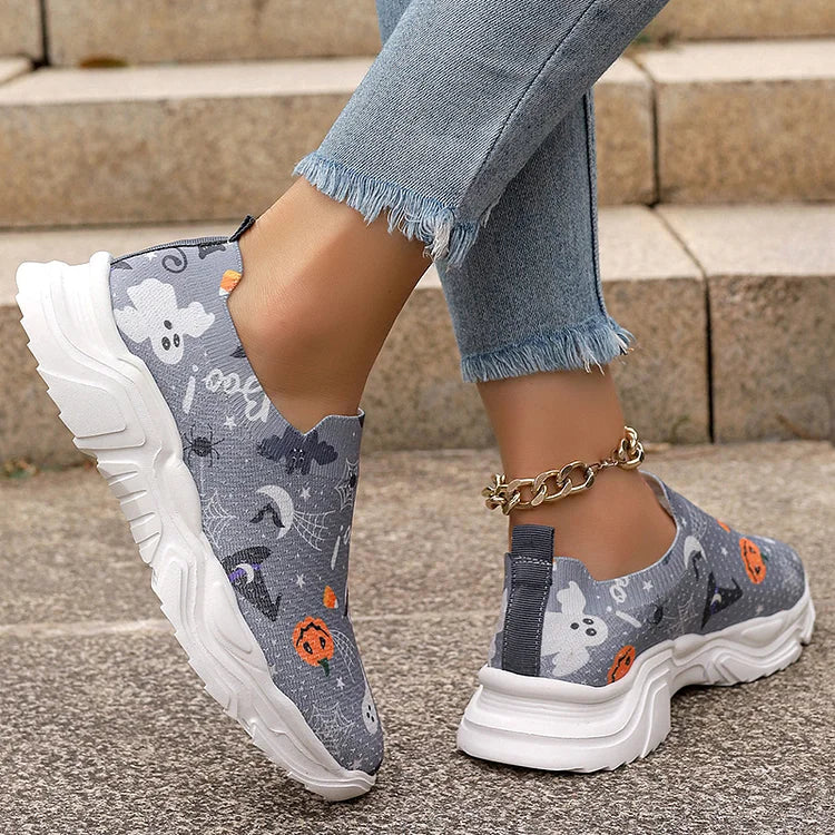 Happy Halloween Floral Skulls Ghost Pumpkin Spider Web Print Slip On Sneakers