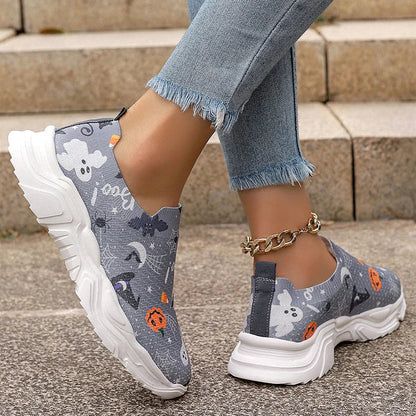 Happy Halloween Floral Skulls Ghost Pumpkin Spider Web Print Slip On Sneakers