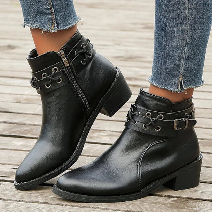 Patchwork Pointed Toe Strap Buckle Decor Low Block Heel Ankle Boots