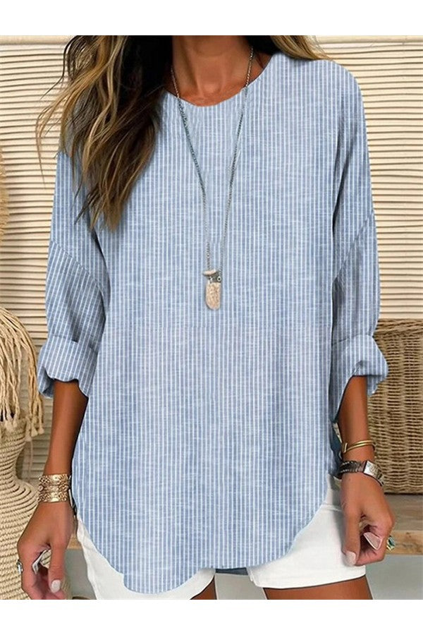 Striped Crew Neck Long Sleeve Loose Blouse