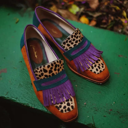 Colorblock Fringe Square Toe Leopard Print Brown Loafers