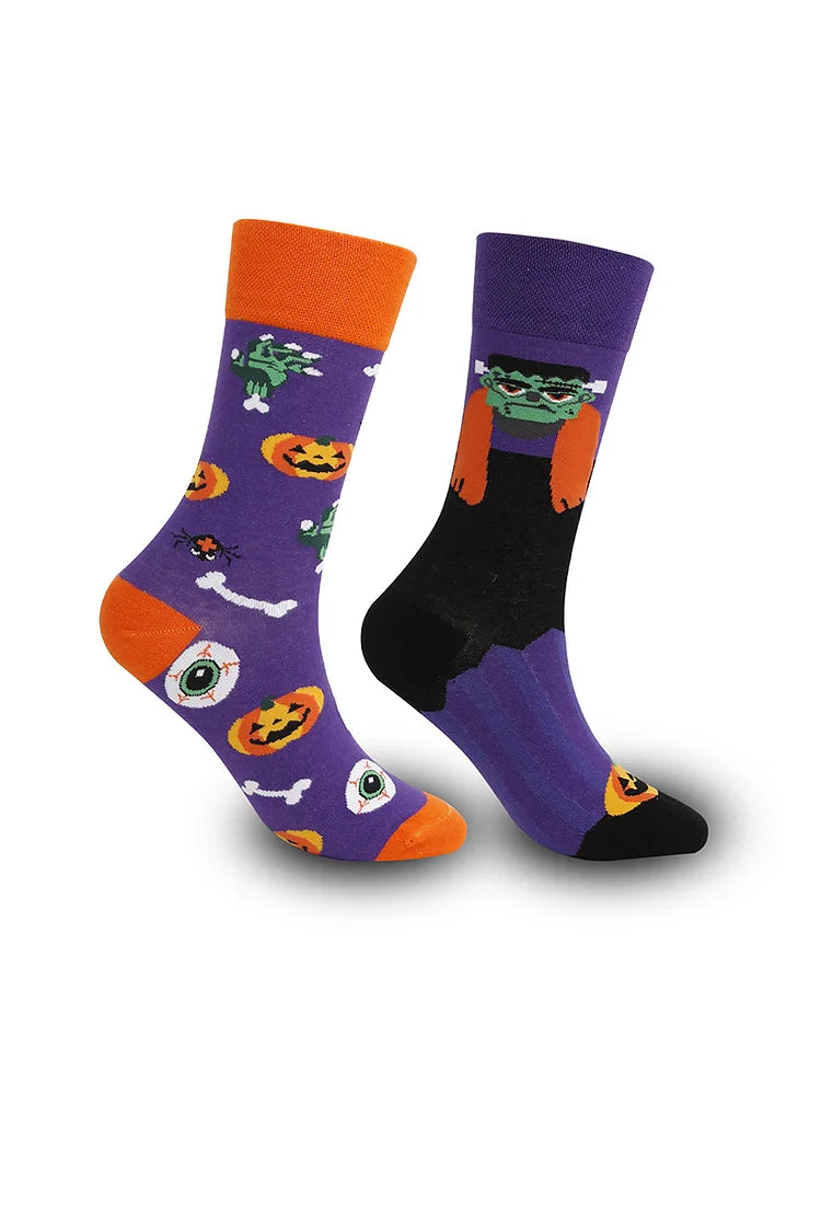 Calcetines de media pantorrilla con estampado geométrico de calaveras asimétrico y multicolor para Halloween 