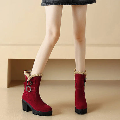 Two Straps Buckles Patchwork Round Toe Chunky Heel Mid Boots