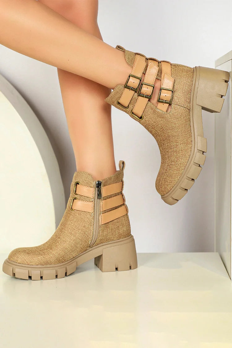 Multi Straps Buckles Zipper Round Toe Chunky Heel Ankle Boots