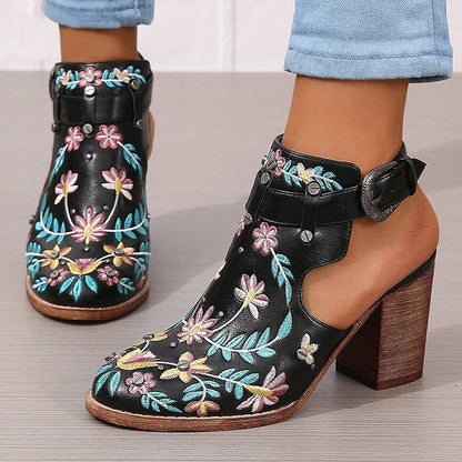 Floral Leaf Embroidery Round Toe Slingback Chunky Heels