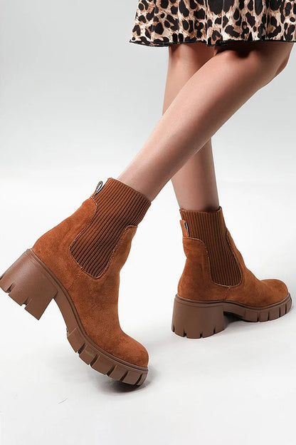 Round Toe Patchwork Casual Chunky Heel Pull On Ankle Boots