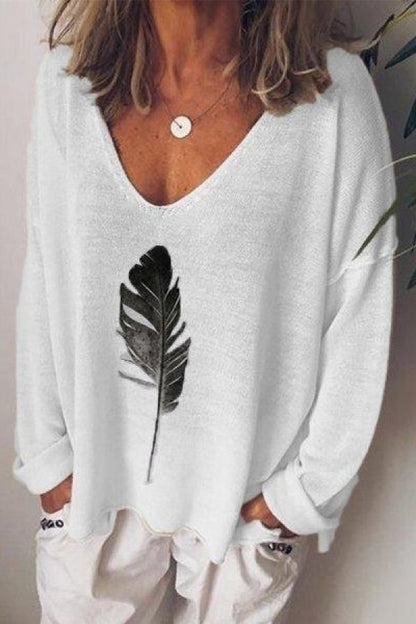 Women's V-neck Feather Print Long Sleeves Blouse