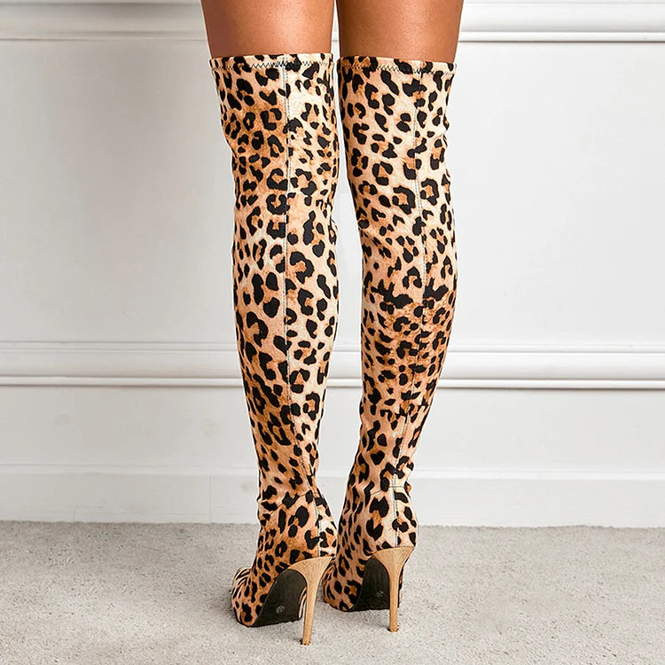 Leopard Print Pointed Toe Stiletto Heel Pull On Over The Knee Boots