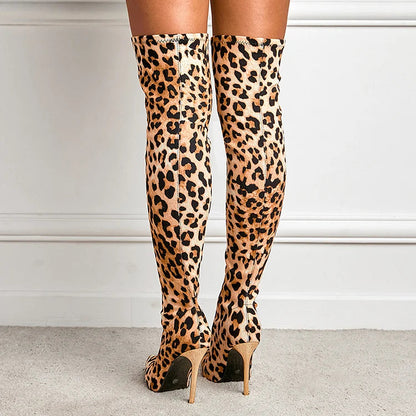 Leopard Print Pointed Toe Stiletto Heel Pull On Over The Knee Boots