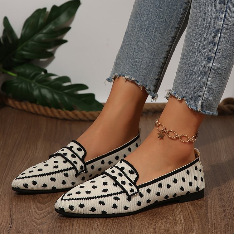 Dot Pattern Contrast Trim Pointed Toe Patchwork Flats