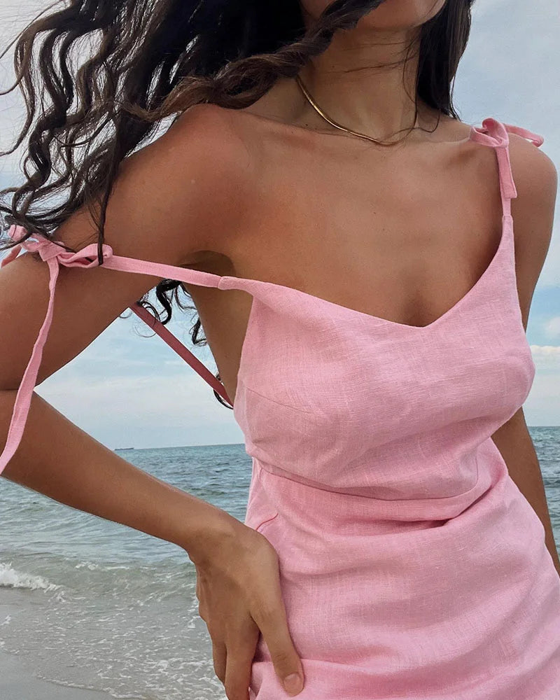 Pink sexy cotton and linen V-neck suspender slim dress