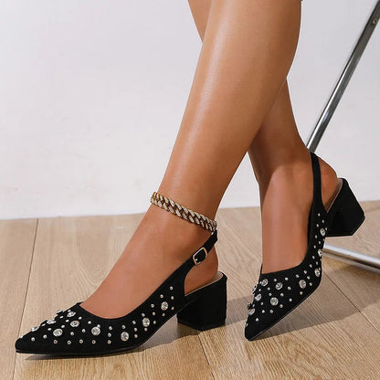 Rhinestone Decor Slingback Strap Pointy Toe Buckle Chunky Heels