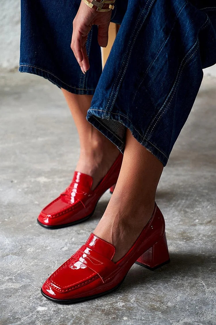 Solid Color Patchwork Square Toe Red Chunky Heels [Pre Order]